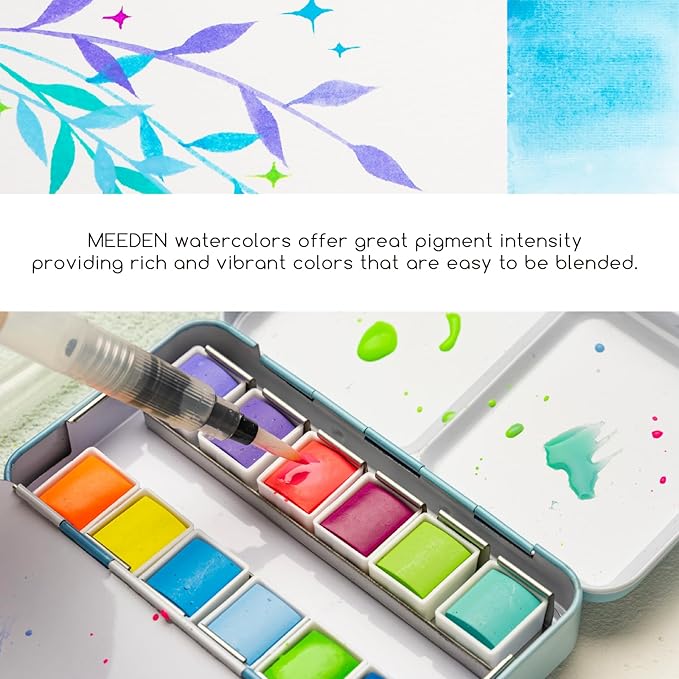 MEEDEN Pastel Watercolor Paint Set : 12 Colors Travel Watercolor Set with Brush in Half Pans - Portable Watercolor Paints for Adults & Artist
