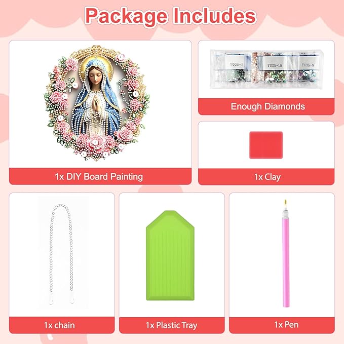 TOSTOG Diamond Art Hanging Kits for Adults, Virgin Mary Diamond Painting for Adults Window Pendant, Flower Special Shape Diamonds Diamond Painting Hanging Pendant Kit for Wall Home Decor Gift