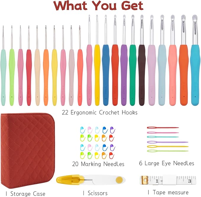 BsHooker 22 Sizes Crochet Hooks Set with Storage Case,0.5mm-10mm Crochet Hooks with Ergonomic Soft Handle for Arthritic Hands,Crochet Kit for Beginners,Red