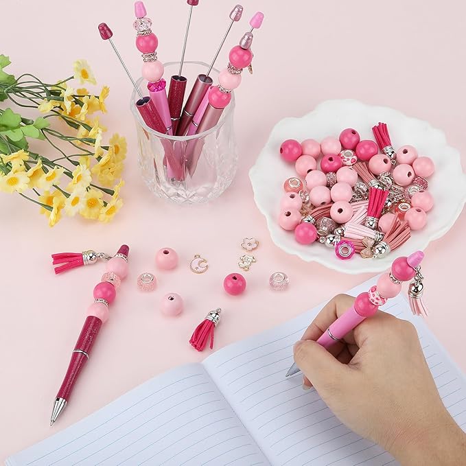 12pcs Valentine's Day Beadable Pens Bulk Pens for Beads Beaded Pen Kit for Students Teacher Office Supplies and DIY Valentines Day Gifts(Pink)