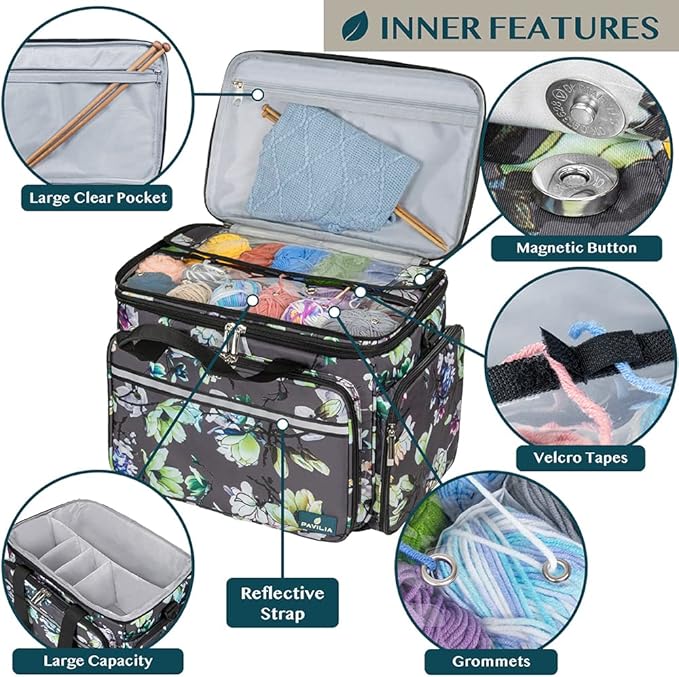 PAVILIA Knitting Bag Yarn Storage Tote, Large Crochet Organizer Bag, Yarn Storage Holder for Crocheting Knitter, Knitting Project Bag, Crochet Accessories Set, Gifts For Crochet Lovers, Floral Gray