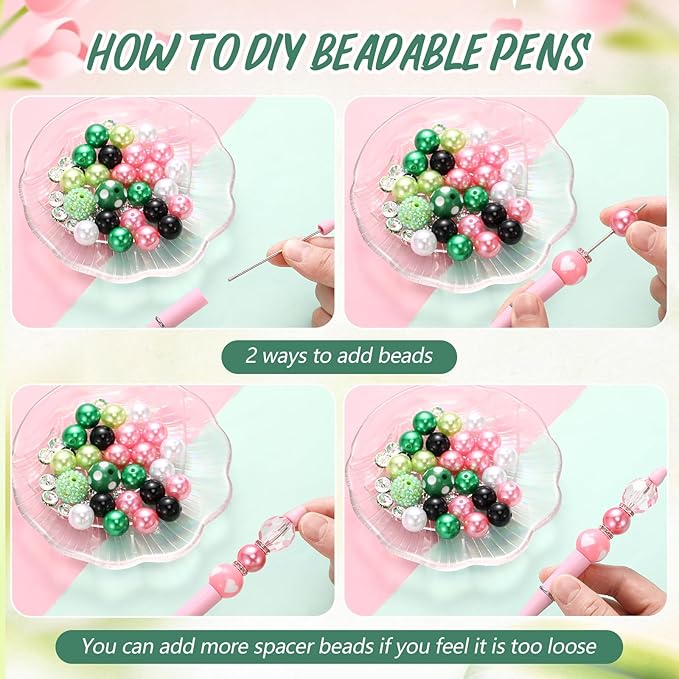 Geyee 15 Pcs Plastic Beadable Pens Assorted Bead Pens Multicolor Bubblegum Crystal Spacer Beads, Black Ink Ballpoint DIY Set, Back to School Gift for Student Summer Ocean Party Gifts(Pink Green)