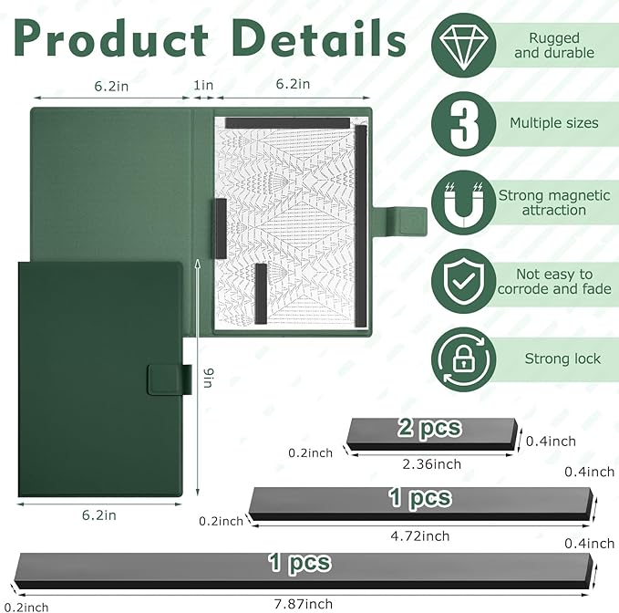 Flutesan 1 Pcs Green Knitting Pattern Holder, Fold up Cross Stitch Knitting Chart Keeper with 4 Pcs Replacement Magnets, Cross Stitch Accessories Supplies, Unfolded Size 13.2 x 9 Inch