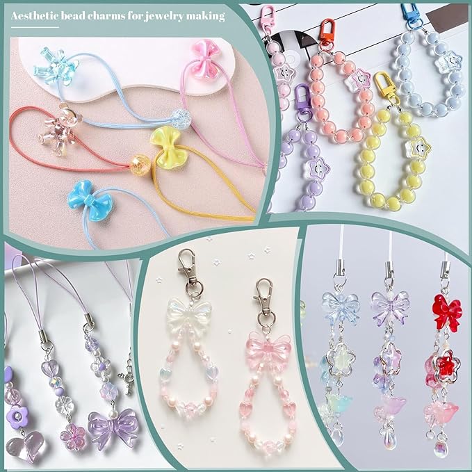 200-260pcs tinkrstuff assorted purple acrylic beads for bracelet making, cute beads for jewelry making flower bow butterfly candy gummybear aesthetic bracelet charms, diy necklace keychain phone charm