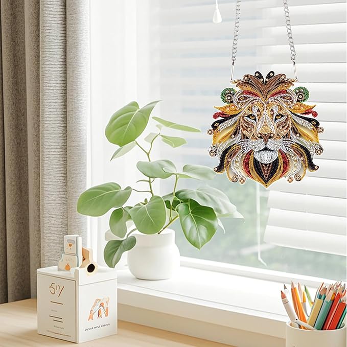 JZHYOAN Tiger Diamond Painting Arts Hanging Kit Diamond Art Window Pendants Home Garden Wall Hanging Kits Acrylic Ornaments Craft Kits Crystal Art Pendant Wind Chimes with Diamonds
