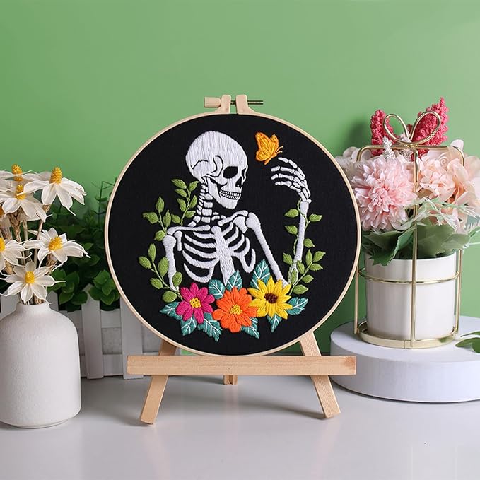 louise maelys 3 sets halloween embroidery kits for beginners,cross stitch kit for adults,diy starters needlepoint with skull flowers pattern,including instruction