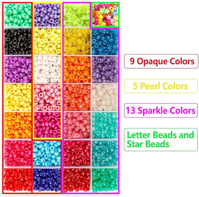 INSCRAFT Pony Beads Set - 4,600 pcs 9mm Pony, Letter & Star Beads in 27 Colors with Elastic String for Bracelet Jewelry Making