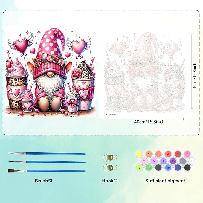 KYOQFVN Valentine's Day Gnome Paint by Numbers Kit for Adults - DIY Pink Heart Painting by Number on Canvas，Acrylic Paints Lovers Decor Paint by Number Kits 16×16 Inch（Without Frame）
