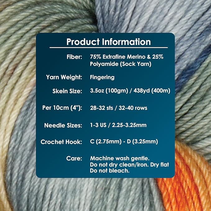 KnitPro Symfonie Fingering Weight Hand Dyed Variegated Yarn Skein | Extra Fine Merino Wool & Polyamide Blend for Knitting & Crocheting, Oeko-TEX Certified 400m, 100g | Terra Newyork Newyork