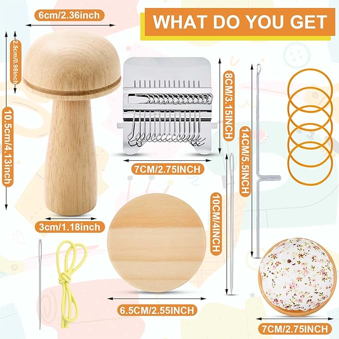 Jexine Mini Darning Mushroom for Socks 14 Hooks Small Speedweve Style Weaving Darning Loom with 9 Pcs Large Eye Needles 50 Colors Thread for Handcraft DIY Weaving Repair Tool