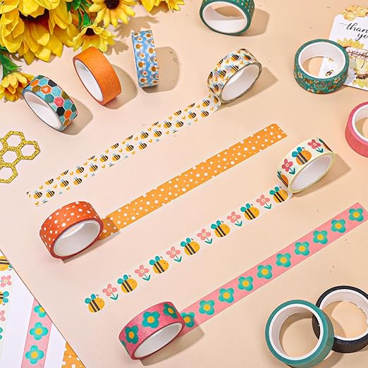 12 Rolls Boho Bee Washi Tape Back to School Honeycomb Heart Rainbow Flower Decorative Masking Tapes Set Cute Colorful Wrapping Paper Tape for Scrapbook Journal DIY Art Crafts