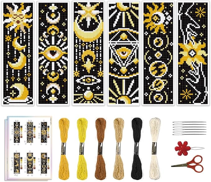 ACRNIGHEET 6PCS Cross Stitch Bookmark Kit for Beginner Sun and Moon Pattern Stamped Cross Stitch Kits for Adults Crossstitch Kits Adult Bookmarks with Instructions Hand Embroidery Craft Gift 11CT