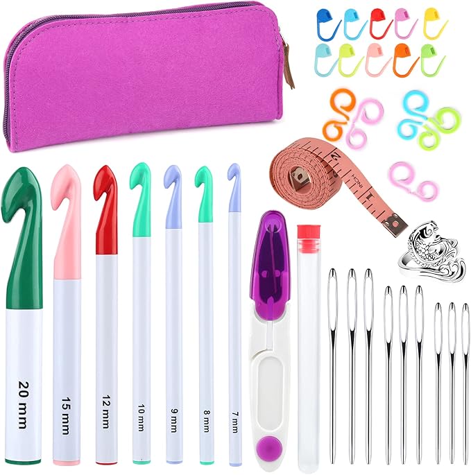 7 Sizes Crochet Hooks Set (7mm-20mm) with 9 Pcs Large-Eye Blunt Needles, Huge Plastic Crochet Hook Crochet, Adjustable Knitting Loop, Extra Large Crochet Hook for Yarn Weaving Craft Tools