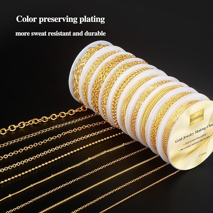 ecoofor gold necklace chains for jewelry making, 78.7 feet 10 rolls jewelry chains for diy necklace bracelet jewelry making with jump rings/lobster clasps/connectors