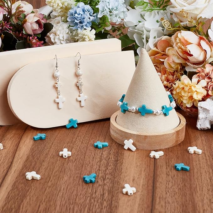 SUNNYCLUE 1 Box 100Pcs Cross Beads Bulk White Blue Synthetic Turquoise Stone Beads Easter Holiday Pocket Crosses 16x12mm Mini Small Loose Spacer Cross Beads for Jewelry Making DIY Beading Supplies