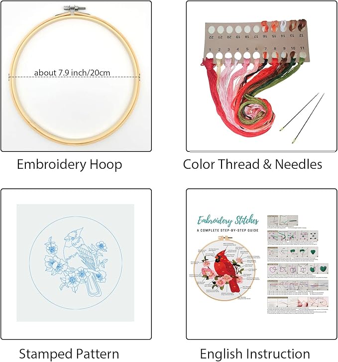 Louise Maelys Cardinal Embroidery Kits for Beginners with Bird Flower Pattern,Adults Starter Cross Stitch Kit DIY Needlepoint