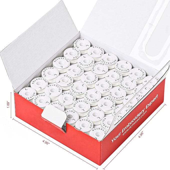 Poolin Prewound Bobbins, Richword Selected White Cardboard Sided 144pcs Size L(SA155), 75D/2(60WT) Polyester Bobbin Thread for Commercial Multi Needles Embroidery Machine, 120 Yards