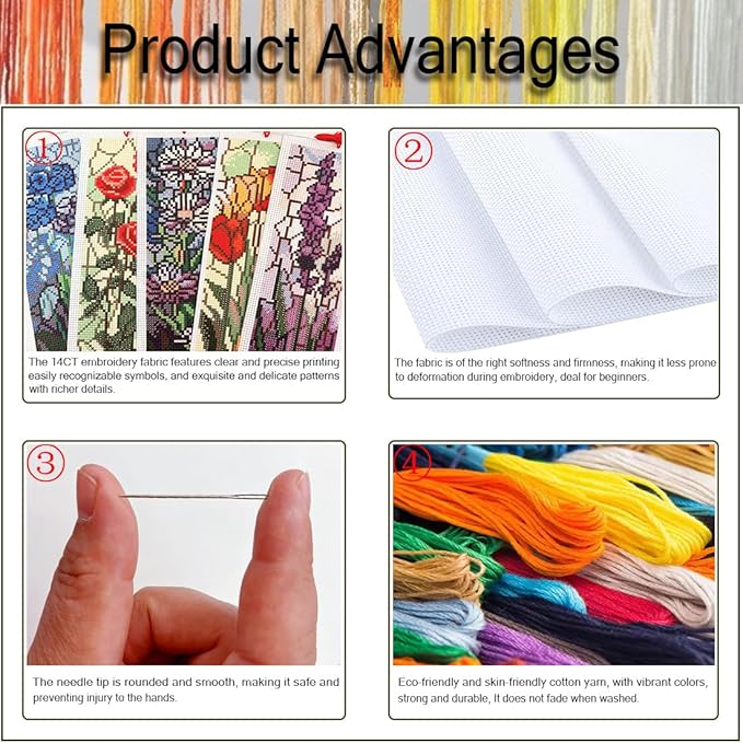 NEGEKFKX 6 Pcs Cross Stitch Bookmark Kit for Adult Beginners,Broken Glass Flowers Cross Stitch Kits 14 CT DIY Cross Stitch Kits Adult Stamped Bookmark Embroidery Bookmarks Kit