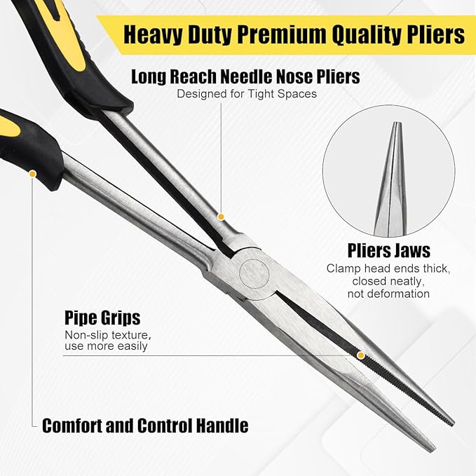 zuzuan premium long needle nose pliers-11’’, paper clamp precision, high carbon steel, soft grip with wire cutter, long nose cutting pliers for home, fishing, jewelry, crafts,2pcs