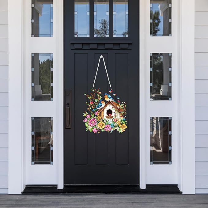 Lxmsja DIY Colorful Birdhouse Diamond Painting Hanging Ornament, Double-Sided Acrylic Flowers Branches Diamond Art Kit, Special Shaped Suncatcher Hanging Pendant Window Art Kit 8x7 inch