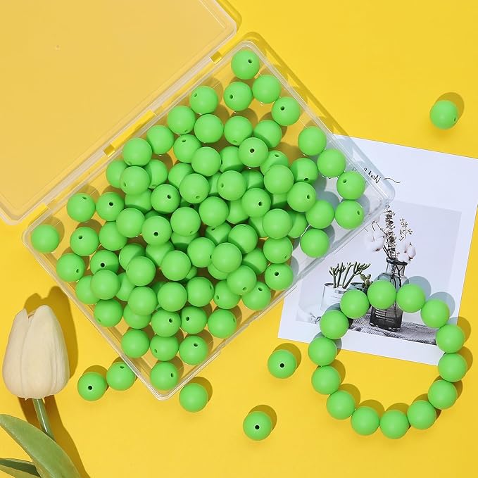 120pcs Richbunnys 15mm Bulk Silicone Beads for Pens and Keychain Making,Large Bead for Necklace and Bracelets Making,Assorted Rubber Beads Set（Vivid Green）
