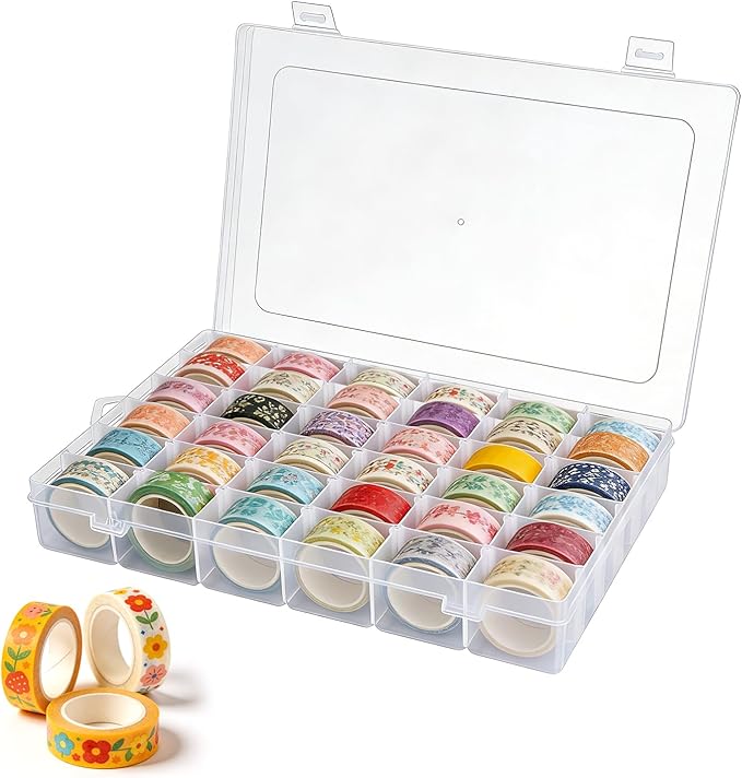 Washi Tape Organizer Box, 36 Grids Clear Plastic Box with Removable Dividers, Ideal for Washi Tape Storage and Carrying, Suitable for Storing Stationery, Jewelry, Beads, Art DIY Crafts, Art Supplies