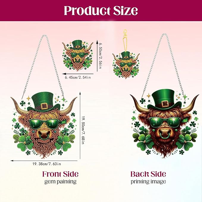 Masendp St. Patrick's Day Cow Diamond Painting Double-Sided Hanging Ornament Set, DIY Irregular Shaped Rhinestone Window Decoration Set, Suitable for Home and Garden Wall Decoration Gifts