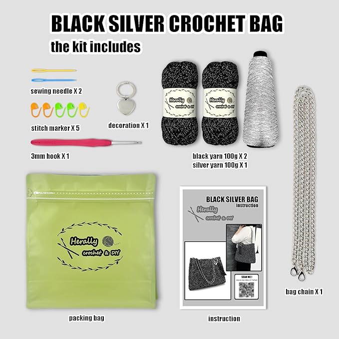 Herally Crochet Kit DIY for Beginners - Include Yarn, Hook and Accessory - with Step by Step Video Tutorials - Shining Tote Bag