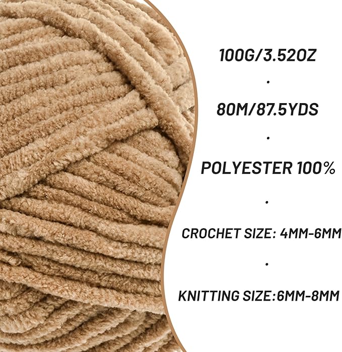 Fluffy Chenille Yarn for Crocheting, Chunky Velvet Yarns for Crochet Amigurumi, Baby Yarn for Crocheting Soft Blanket, 87.4yds /3.5 oz Bulky Yarns for Crafts/Hats/Shoes/Socks (Deep Khaki)