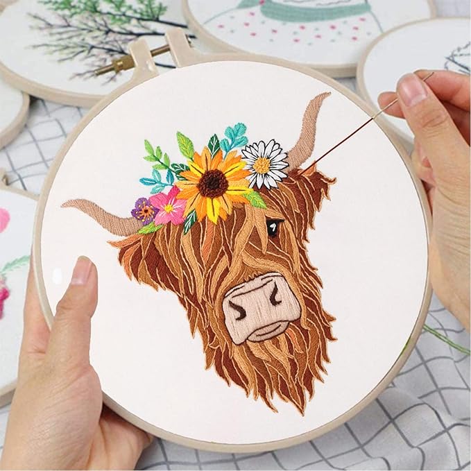 Louise Maelys Animal Embroidery Kits for Beginners with Highland Cow Pattern,Adults Starter Cross Stitch Kit DIY Needlepoint