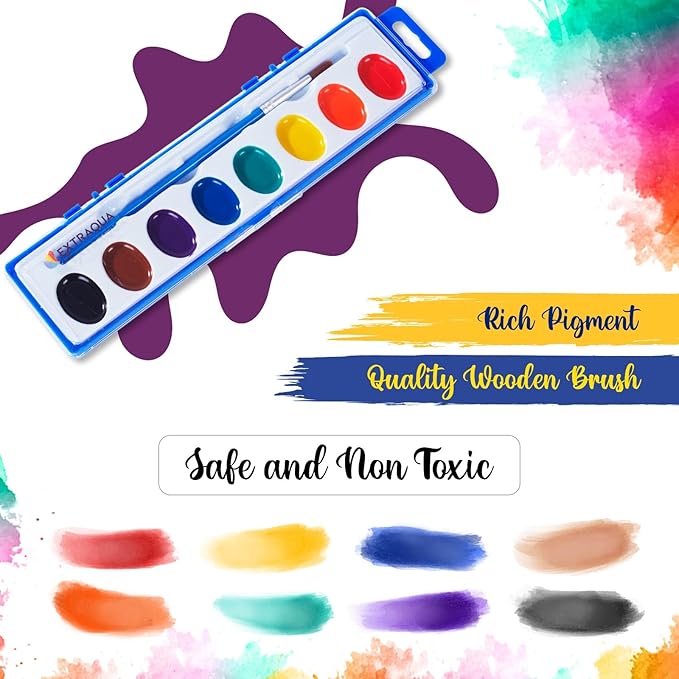 Watercolor Paint Set - 8 Classic Washable Paint Colors with Paint Brush - Non-Toxic Water Color Paint Sets For Kids & Adults - Ideal for Art, Crafts & School Supplies (Pack of 2)