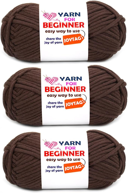 Chocolate Brown Yarn for Crocheting and Knitting Cotton Crochet Knitting Yarn for Beginners with Easy-to-See Stitches Cotton-Nylon Blend Easy Yarn for Beginners Crochet Kit(3x50g)