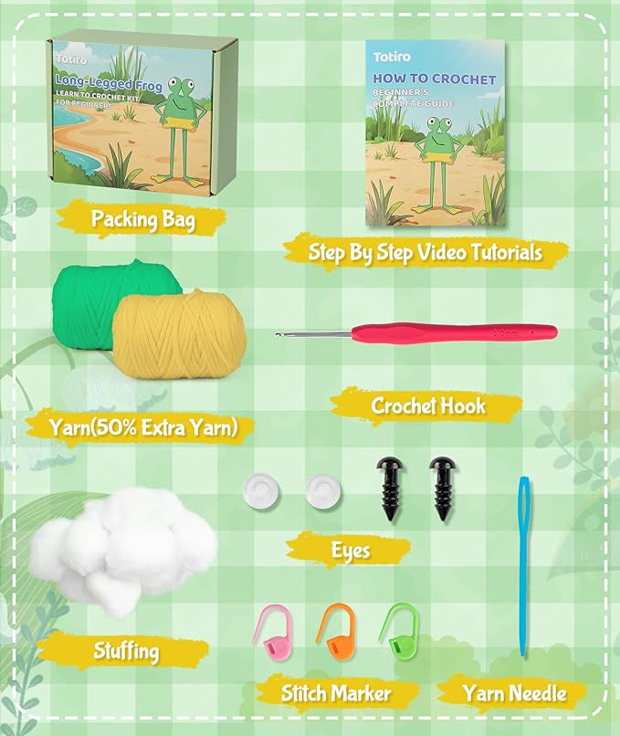 Totiro Crochet Kit for Beginners, Long-Legged Frog Amigurumi Starter Kit, Easy DIY Craft Set with Step-by-Step Video Tutorials, Animal Crochet Pattern Learning Kit for Teens Adults Birthday Gift