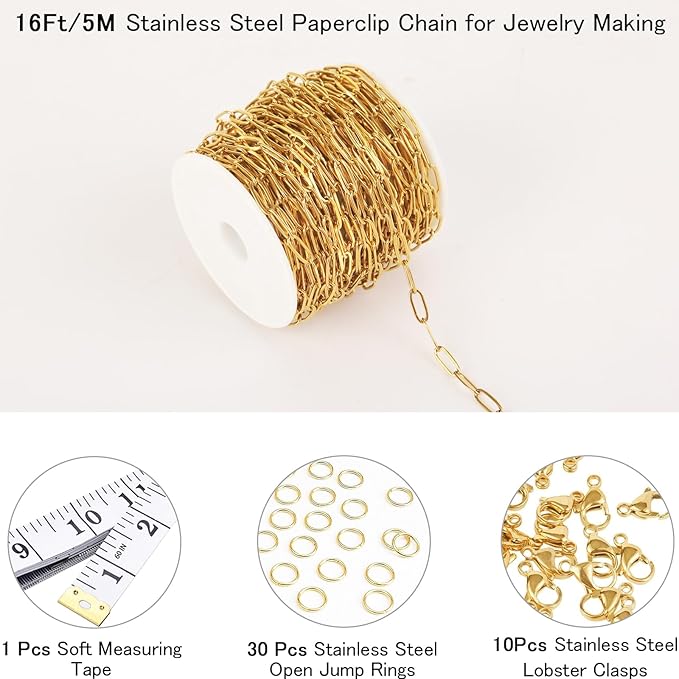 16Ft Stainless Steel Paperclip Chain for Jewelry Making, 3.5mm Width Gold Plated Paper Clip Link Chains Roll for DIY Necklace Bracelet Jewelry Making Supplies with Lobster Clasps Soft Tape Measure