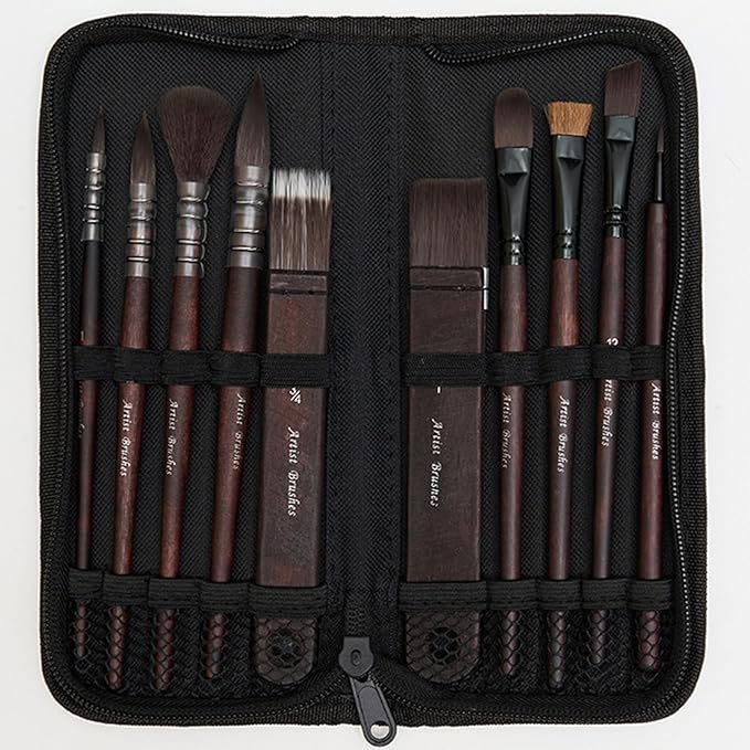 10 Pieces Artist Paint Brush Organic Synthetic Squirrel Horse Hair Set of 10 for Watercolor Acrylic Gouache Oil and Tempera Painting
