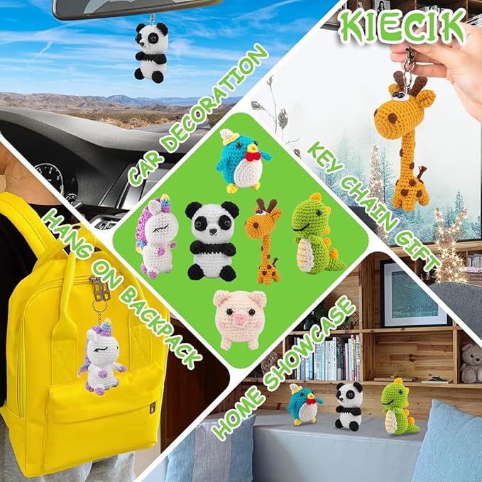 KIECIK 6Pcs Crochet Kit for Beginners, Crochet Animal Kits，Knitting Kit for Adults with Step by Step Videos Tutorials, Knitting Kit Great Birthday Holiday Gift, DIY Keychain Pendants(Set -02)