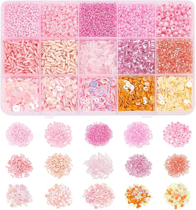 NBEADS Bugle Round Glass Seed Beads,DIY Beads Disc Plastic Paillette for Jewelry Making Necklace Bracelet Craft,DIY Kit,Deep Pink,Mixed Size (DIY-NB0008-45-US6)