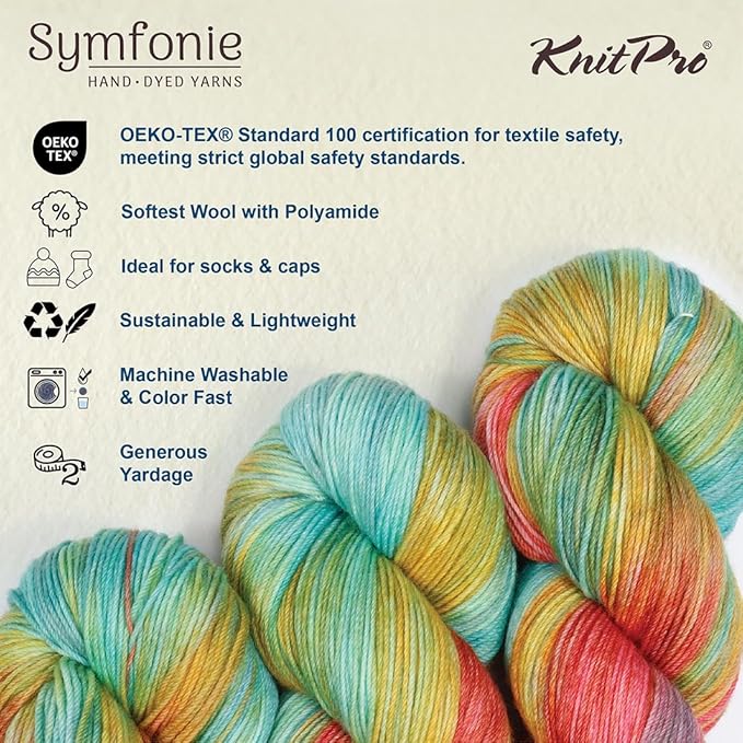 KnitPro Symfonie Fingering Weight Hand Dyed Variegated Yarn Skein | Extra Fine Merino Wool & Polyamide Blend for Knitting & Crocheting, Oeko-TEX Certified 400m, 100g | Terra Mystic Lagoon