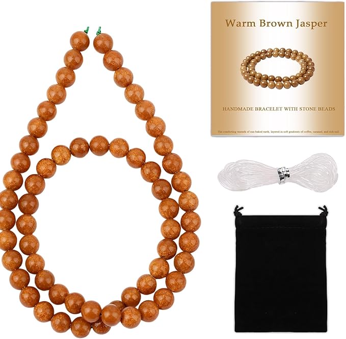 Stone Beads, 60pcs Warm Brown Jasper, 6mm Round Loose Beads for Jewelry Making, Bracelets, with Bag, String & Card