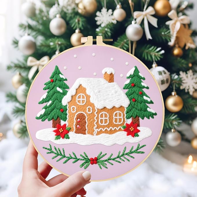 ORIGACH 6 Pcs Christmas Embroidery Kit for Beginners, Stamped Design Embroidery Starter Kit Includes Cloth, Hoops, Threads & Needles