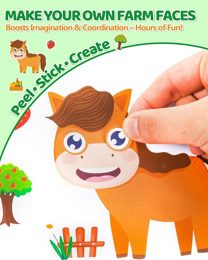 aowplc 48 sheets farm animal make‑a‑face stickers for kids & toddlers – 12 unique mix‑and‑match designs – farm party favors, birthday supplies, activities & crafts