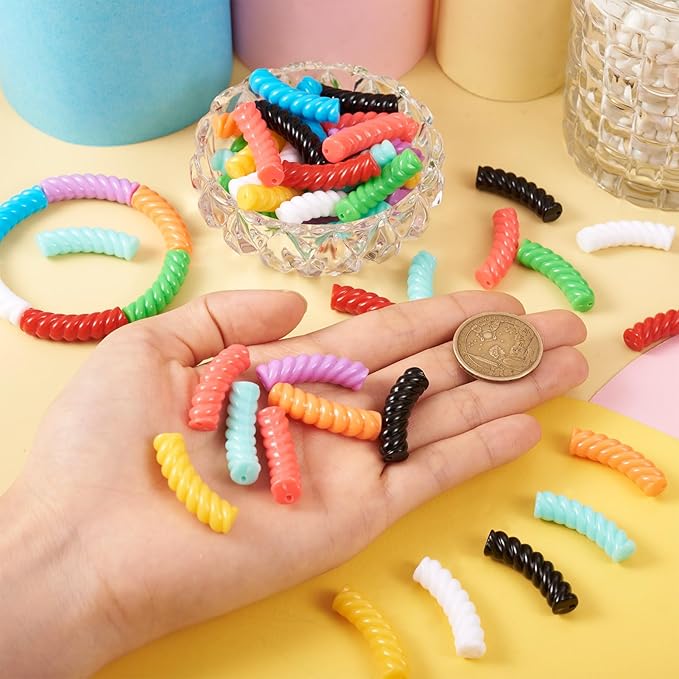 Crafans 100Pcs 12mm Acrylic Tube Beads 10 Colors Twist Long Noodle Curved Tube Beads for Crafts DIY Bamboo Bangles Bracelet Jewelry Making Supplies