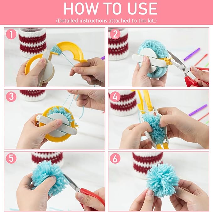 vgoodall 20pcs pom pom maker craft kit, for winter hat & scarf, with 12 colorful yarns, 4 size knitting makers, diy christmas gifts for kids & adults beginners