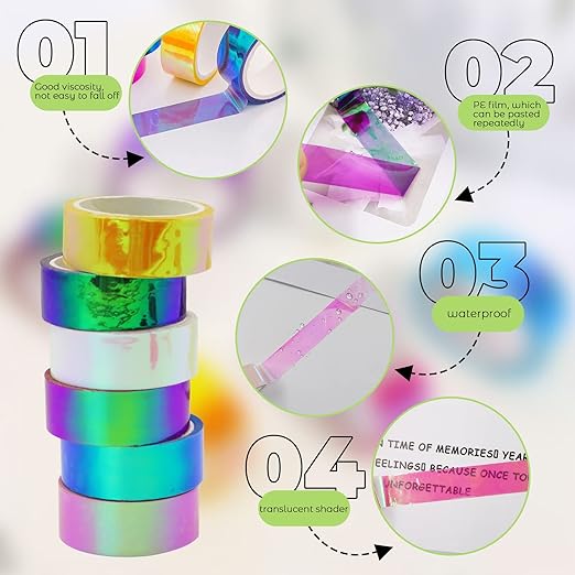 6 Rolls Holographic Tape 5m/196.8in Assorted Colored Tape Set Decorative Tape Prismatic Glitter Tape Hoops for DIY Arts Crafts Decoration Scrapbooking Gifts Wrapping (Multi)
