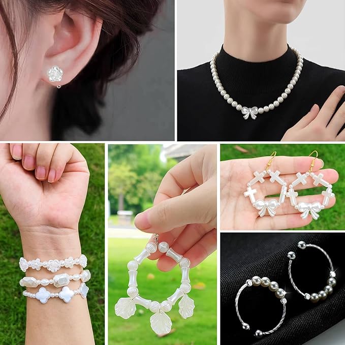 1170 Pcs ABS Imitation Pearl Beads for Jewelry Making, Assorted Heart Star Bowknot Circle Flower Aesthetic Cute Bead for Bracelet Necklaces Earrings Key Chains DIY Phone Charm Crafts (White)