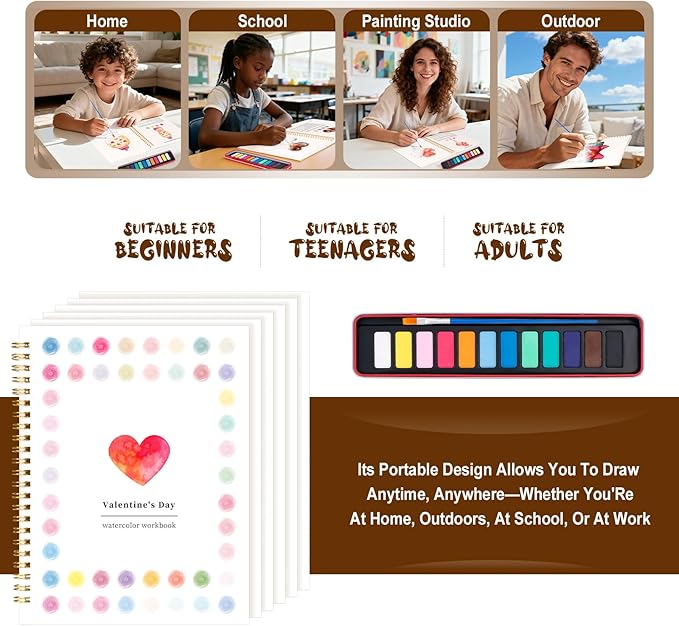 Valentine's Day Watercolor Workbook for Adults, Beginner Friendly Watercolor Painting Kit Pattern Water Coloring Book, Valentines Themed Practice Art Gift Water Color Paint Book with Palette Brush