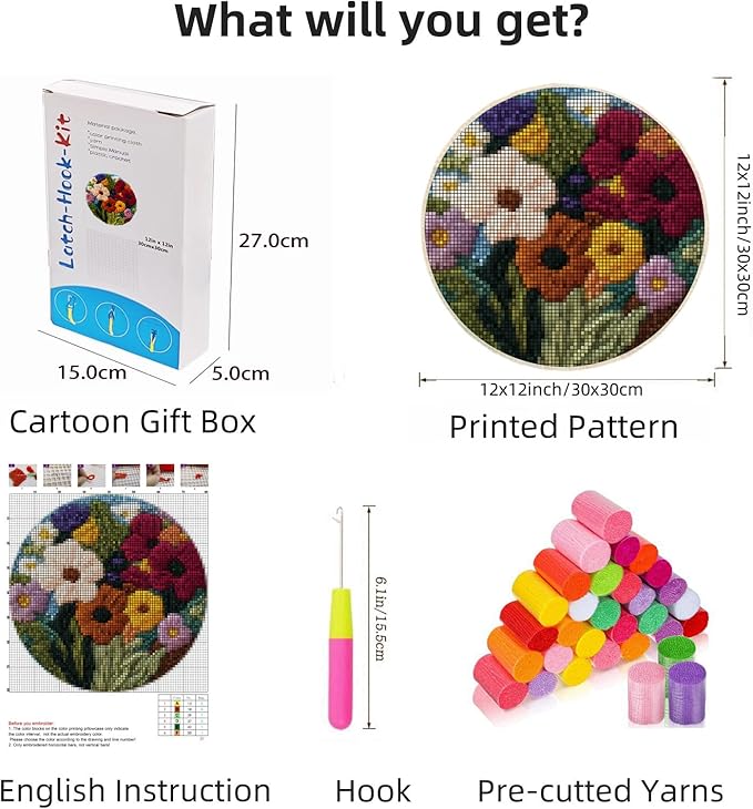 Latch Hook Rug Kit Abstract Cute Wild Flower Easy for Beginners Round Shape Carpet Crochet Yarn Craft Mini Rug DIY Hook and Latch Little Tapestry for Home Decor 30x30cm