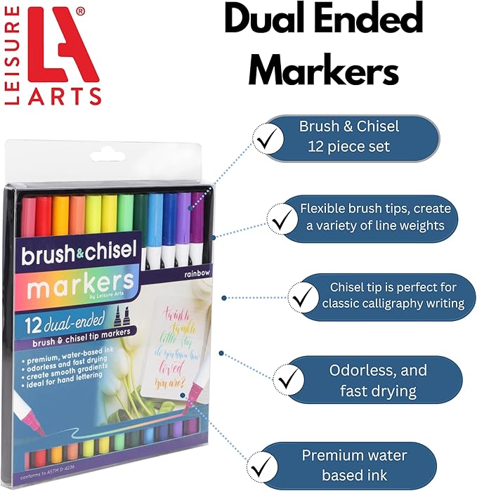 LEISURE ARTS Dual Tip Marker Brush/Chisel, Rainbow, 12Pc, Coloring Markers, Coloring Markers For Adults, Art Markers, Marker Set, Adult Book Markers