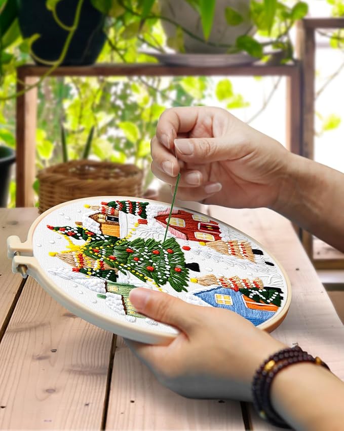 TINDTOP Christmas Embroidery Kit for Adult, 3 Pack Embroidery DIY Starter Kit, with Stamped Patterns, Hoop, Tools, Colorful Threads with Needles, Instructions