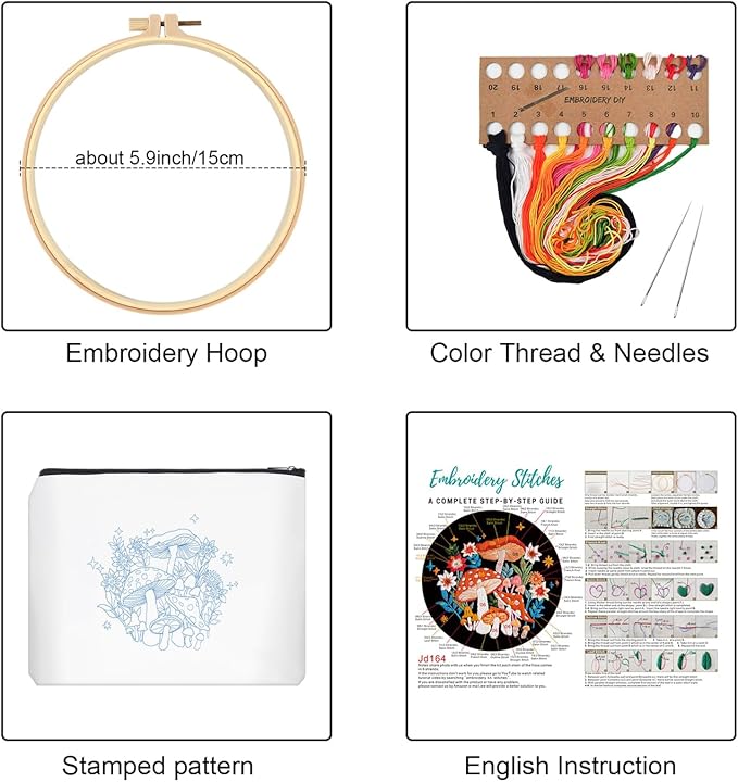 Louise Maelys Embroidery Kit for Beginners,Canvas Makeup Bag,Cross Stitch Kits for Adults,Arts Crafts Needlepoint-Mushroom Flower Pattern